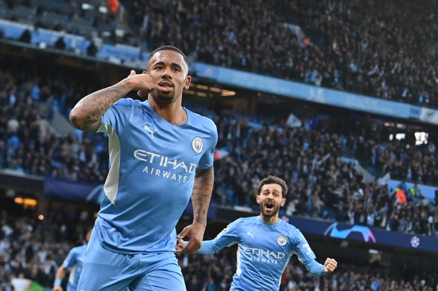 Manchester City's Brazilian striker Gabriel Jesus celebrates after scoring his team second goal during the UEFA Champions League semi-final first leg football match between Manchester City and Real Madrid, at the Etihad Stadium, in Manchester.