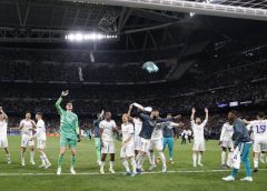 Real Madrid's players celebrate their victory following the UEFA Champions League semifinals' second leg soccer match between Real Madrid and Manchester City held at Santiago Bernabeu Stadium, in Madrid.