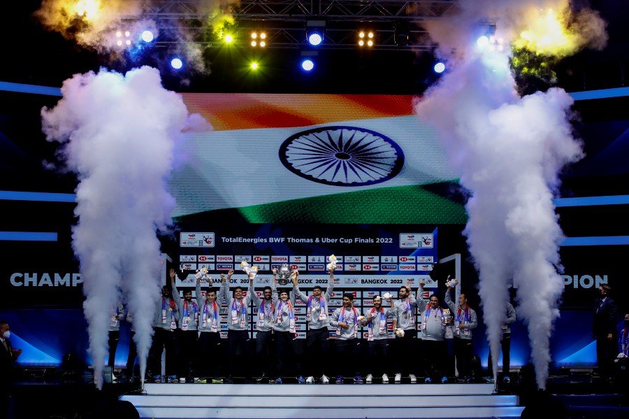 Team India celebrates after winning the men’s finals against Indonesia at the BWF Thomas and Uber Cup Finals 2022 in Nonthaburi, Thailand.